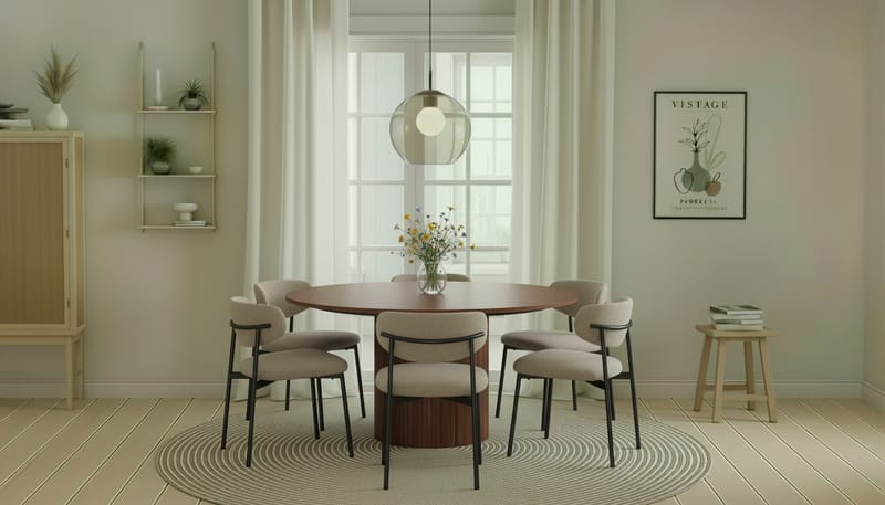 Kopparbo Rundt Spisebord 150 cm med 6 Lucy Spisestoler - Valnøtt / Greige Bouclé / Metallben Svart - Møbler - Bord - Spisegruppe