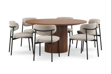 Kopparbo Rundt Spisebord 150 cm med 6 Lucy Spisestoler - Valnøtt / Greige Bouclé / Metallben Svart - Møbler - Bord - Spisegruppe