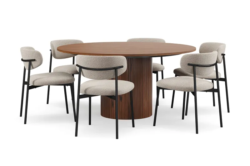 Kopparbo Rundt Spisebord 150 cm med 6 Lucy Spisestoler - Valnøtt / Greige Bouclé / Metallben Svart - Møbler - Bord - Spisegruppe