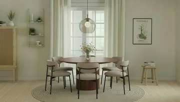 Kopparbo Rundt Spisebord 150 cm med 6 Lucy Spisestoler - Valnøtt / Greige Bouclé / Metallben Svart - Møbler - Bord - Spisegruppe