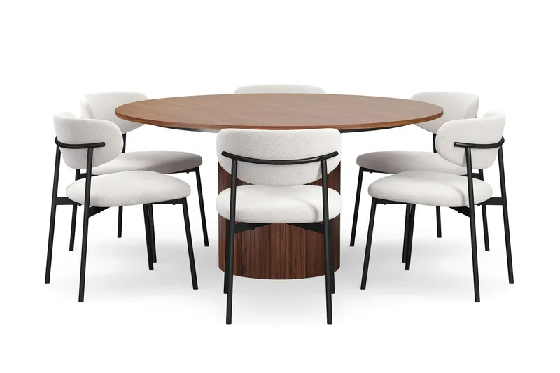 Kopparbo Rundt Spisebord 150 cm med 6 Lucy Spisestoler, Valnøtt / Hvit Bouclé / Metallben Svart