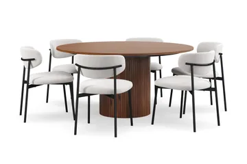 Kopparbo Rundt Spisebord 150 cm med 6 Lucy Spisestoler - Valnøtt / Hvit Bouclé / Metallben Svart - Møbler - Bord - Spisegruppe