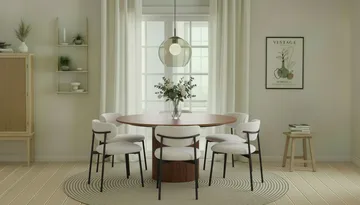 Kopparbo Rundt Spisebord 150 cm med 6 Lucy Spisestoler - Valnøtt / Hvit Bouclé / Metallben Svart - Møbler - Bord - Spisegruppe