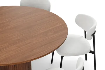 Kopparbo Rundt Spisebord 150 cm med 6 Lucy Spisestoler - Valnøtt / Hvit Bouclé / Metallben Svart - Møbler - Bord - Spisegruppe