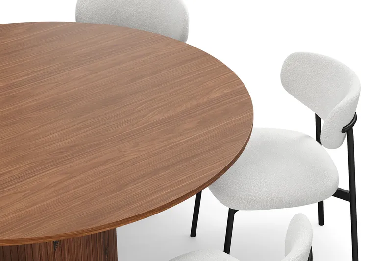 Kopparbo Rundt Spisebord 150 cm med 6 Lucy Spisestoler - Valnøtt / Hvit Bouclé / Metallben Svart - Møbler - Bord - Spisegruppe