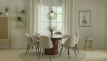 Kopparbo Rundt Spisebord 150 cm med 6 Nibe Plus Spisestoler - Valnøtt / Greige Bouclé / Metallben Valnøtt - Møbler - Bord - Spisegruppe