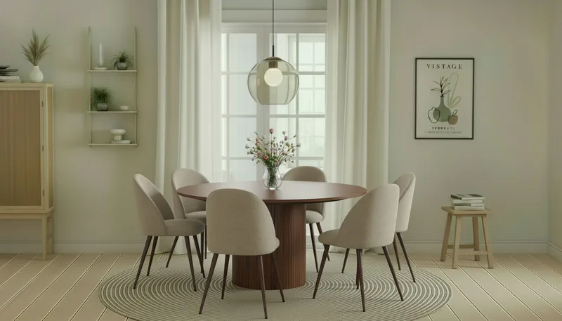 Kopparbo Rundt Spisebord 150 cm med 6 Nibe Plus Spisestoler - Valnøtt / Greige Bouclé / Metallben Valnøtt - Møbler - Bord - Spisegruppe