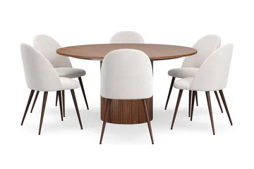 Kopparbo Rundt Spisebord 150 cm med 6 Nibe Plus Spisestoler - Valnøtt / Hvit Bouclé / Metallben Valnøtt - Møbler - Bord - Spisegruppe