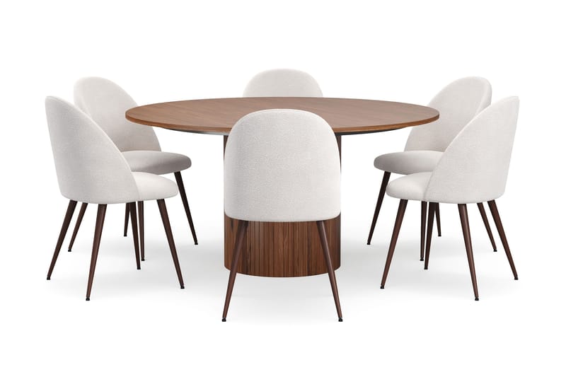 Kopparbo Rundt Spisebord 150 cm med 6 Nibe Plus Spisestoler - Valnøtt / Hvit Bouclé / Metallben Valnøtt - Møbler - Bord - Spisegruppe