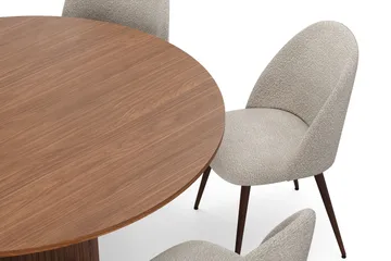 Kopparbo Rundt Spisebord 150 cm med 6 Nibe Plus Spisestoler - Valnøtt / Greige Bouclé / Metallben Valnøtt - Møbler - Bord - Spisegruppe