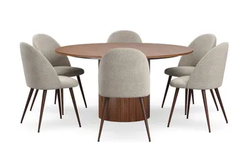 Kopparbo Rundt Spisebord 150 cm med 6 Nibe Plus Spisestoler - Valnøtt / Greige Bouclé / Metallben Valnøtt - Møbler - Bord - Spisegruppe