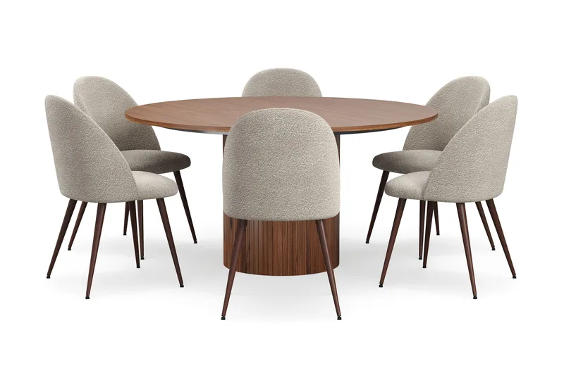Kopparbo Rundt Spisebord 150 cm med 6 Nibe Plus Spisestoler - Valnøtt / Greige Bouclé / Metallben Valnøtt - Møbler - Bord - Spisegruppe