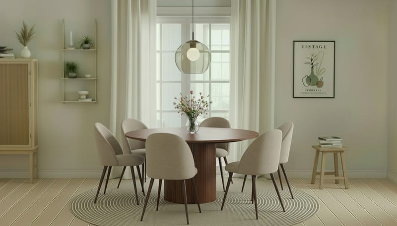 Kopparbo Rundt Spisebord 150 cm med 6 Nibe Plus Spisestoler - Valnøtt / Greige Bouclé / Metallben Valnøtt - Møbler - Bord - Spisegruppe