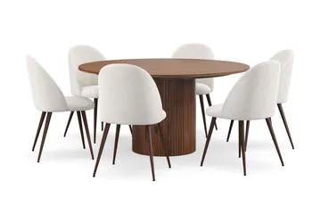 Kopparbo Rundt Spisebord 150 cm med 6 Nibe Plus Spisestoler - Valnøtt / Hvit Bouclé / Metallben Valnøtt - Møbler - Bord - Spisegruppe