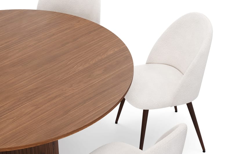 Kopparbo Rundt Spisebord 150 cm med 6 Nibe Plus Spisestoler - Valnøtt / Hvit Bouclé / Metallben Valnøtt - Møbler - Bord - Spisegruppe