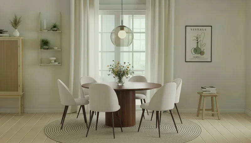 Kopparbo Rundt Spisebord 150 cm med 6 Nibe Plus Spisestoler - Valnøtt / Hvit Bouclé / Metallben Valnøtt - Møbler - Bord - Spisegruppe