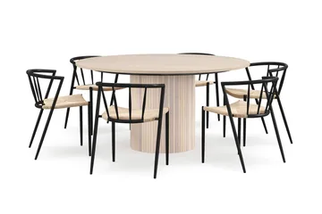 Kopparbo Rundt Spisebord 150 cm med 6 Winston Spisestoler - Hvit / Beige / Metallben Svart - Møbler - Bord - Spisegruppe