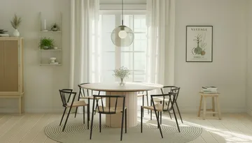 Kopparbo Rundt Spisebord 150 cm med 6 Winston Spisestoler - Hvit / Beige / Metallben Svart - Møbler - Bord - Spisegruppe