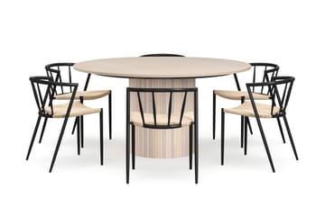 Kopparbo Rundt Spisebord 150 cm med 6 Winston Spisestoler - Hvit / Beige / Metallben Svart - Møbler - Bord - Spisegruppe