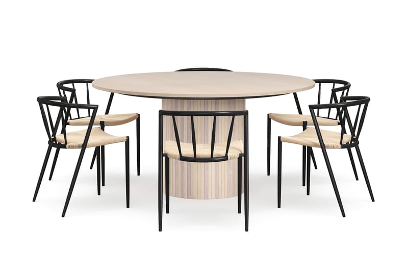Kopparbo Rundt Spisebord 150 cm med 6 Winston Spisestoler - Hvit / Beige / Metallben Svart - Møbler - Bord - Spisegruppe