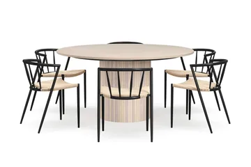 Kopparbo Rundt Spisebord 150 cm med 6 Winston Spisestoler - Hvit / Beige / Metallben Svart - Møbler - Bord - Spisegruppe