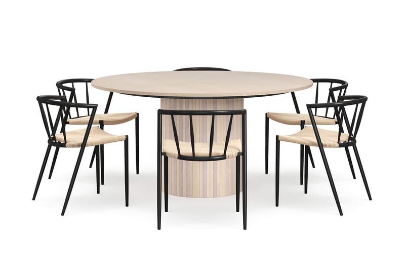 Kopparbo Rundt Spisebord 150 cm med 6 Winston Spisestoler - Hvit / Beige / Metallben Svart - Møbler - Bord - Spisegruppe