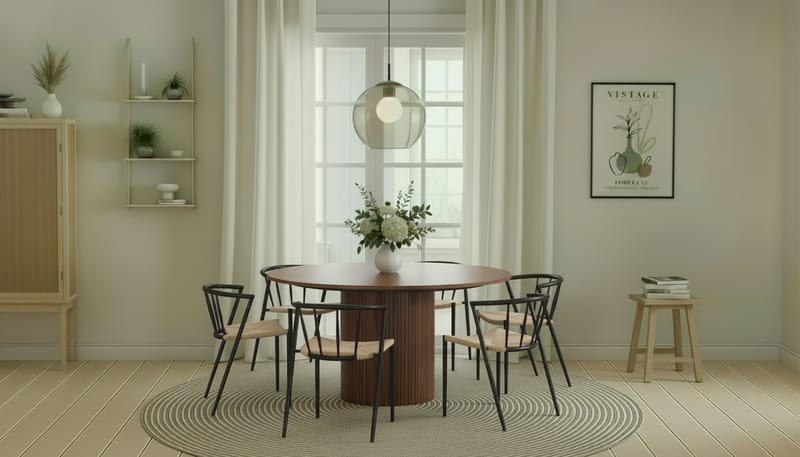 Kopparbo Rundt Spisebord 150 cm med 6 Winston Spisestoler - Valnøtt / Beige / Metallben Svart - Møbler - Bord - Spisegruppe