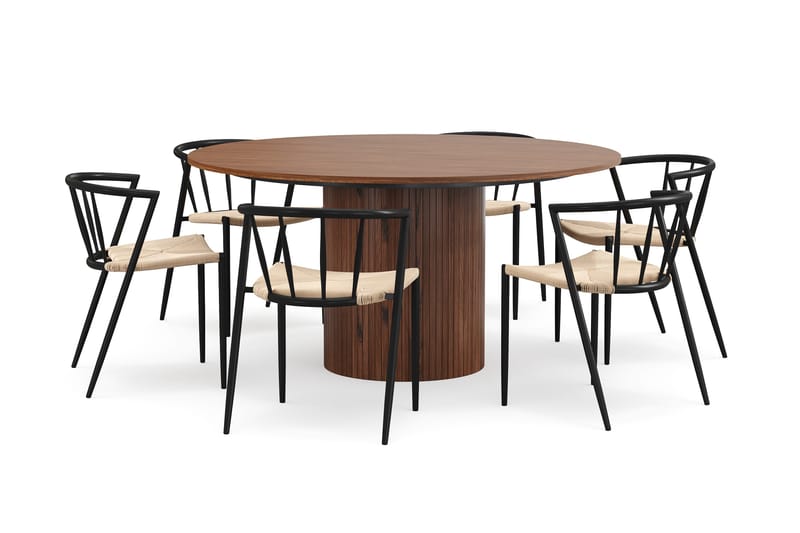Kopparbo Rundt Spisebord 150 cm med 6 Winston Spisestoler - Valnøtt / Beige / Metallben Svart - Møbler - Bord - Spisegruppe
