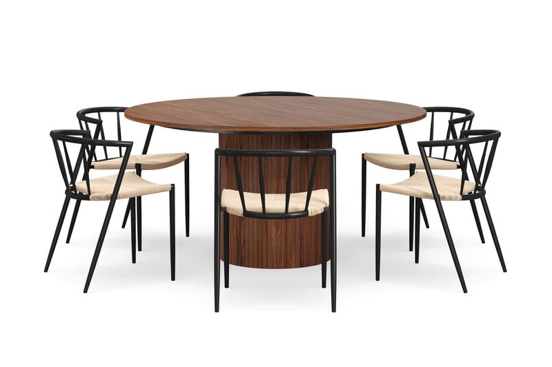 Kopparbo Rundt Spisebord 150 cm med 6 Winston Spisestoler - Valnøtt / Beige / Metallben Svart - Møbler - Bord - Spisegruppe