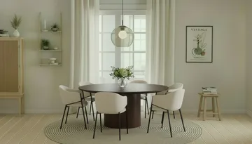 Kopparbo Rundt Spisebord 180 cm med 6 Filip Spisestoler - Valnøtt / Hvit Bouclé - Møbler - Bord - Spisegruppe