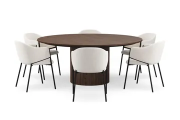 Kopparbo Rundt Spisebord 180 cm med 6 Filip Spisestoler - Valnøtt / Hvit Bouclé - Møbler - Bord - Spisegruppe