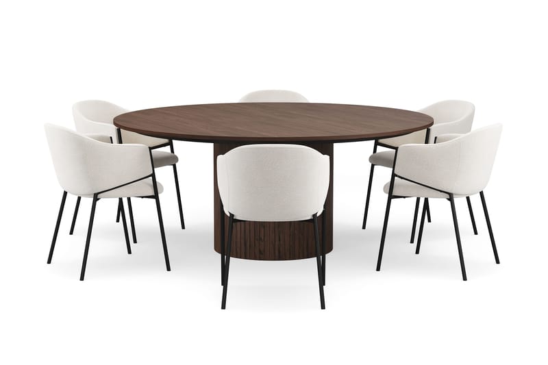 Kopparbo Rundt Spisebord 180 cm med 6 Filip Spisestoler - Valnøtt / Hvit Bouclé - Møbler - Bord - Spisegruppe