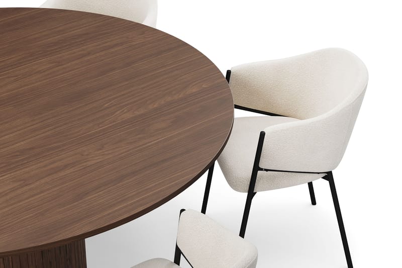 Kopparbo Rundt Spisebord 180 cm med 6 Filip Spisestoler - Valnøtt / Hvit Bouclé - Møbler - Bord - Spisegruppe