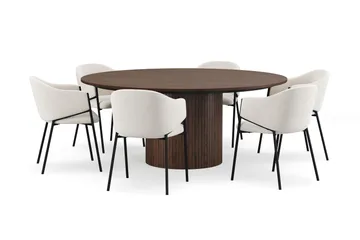 Kopparbo Rundt Spisebord 180 cm med 6 Filip Spisestoler - Valnøtt / Hvit Bouclé - Møbler - Bord - Spisegruppe