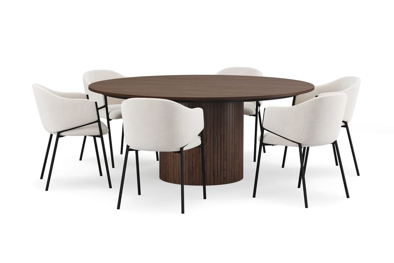 Kopparbo Rundt Spisebord 180 cm med 6 Filip Spisestoler, Valnøtt / Hvit Bouclé