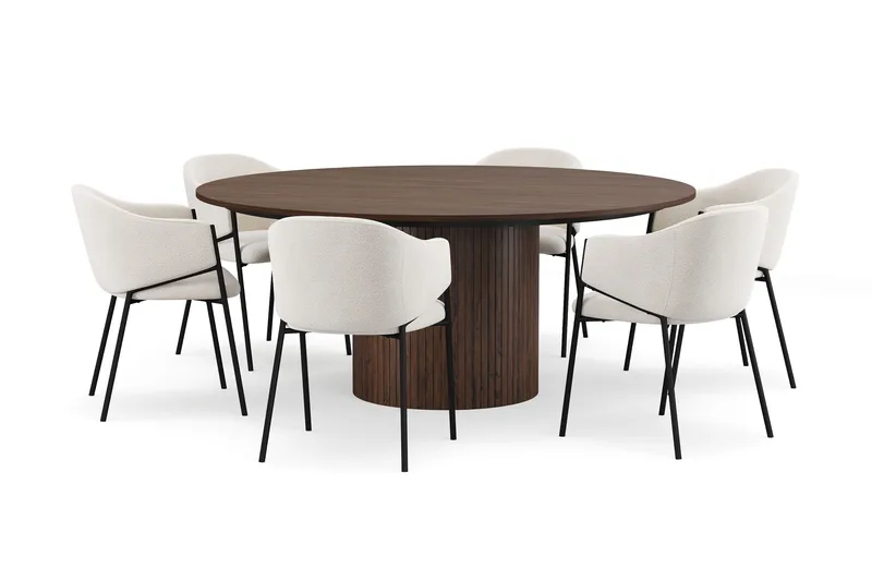 Kopparbo Rundt Spisebord 180 cm med 6 Filip Spisestoler, Valnøtt / Hvit Bouclé