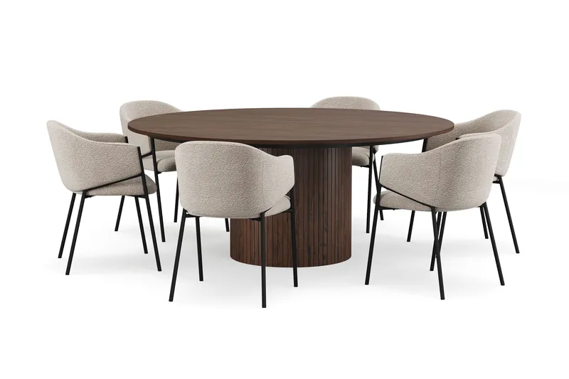 Kopparbo Rundt Spisebord 180 cm med 6 Filip Spisestoler, Valnøtt / Taupe Bouclé