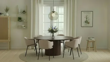 Kopparbo Rundt Spisebord 180 cm med 6 Filip Spisestoler - Valnøtt / Taupe Bouclé - Møbler - Bord - Spisegruppe