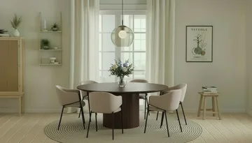 Kopparbo Rundt Spisebord 180 cm med 6 Filip Spisestoler - Valnøtt / Taupe Bouclé - Møbler - Bord - Spisegruppe