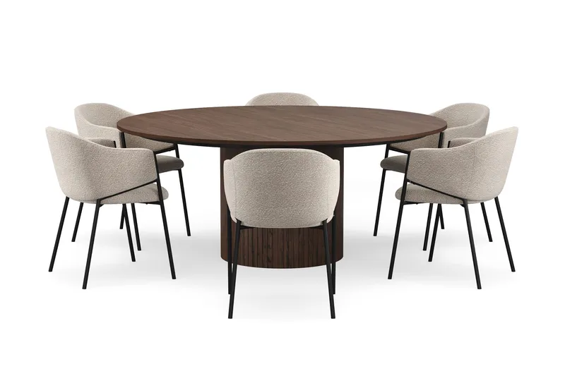 Kopparbo Rundt Spisebord 180 cm med 6 Filip Spisestoler - Valnøtt / Taupe Bouclé - Møbler - Bord - Spisegruppe