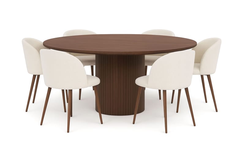 Kopparbo Rundt Spisebord 180 cm med 6 Greya Spisestoler med armlener, Valnøtt / Hvit Bouclé / Metallben Valnøtt