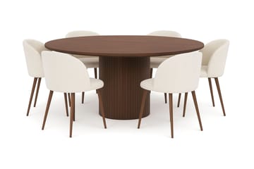 Kopparbo Rundt Spisebord 180 cm med 6 Greya Spisestoler med armlener - Valnøtt / Hvit Bouclé / Metallben Valnøtt - Møbler - Bord - Spisegruppe