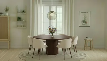 Kopparbo Rundt Spisebord 180 cm med 6 Greya Spisestoler med armlener - Valnøtt / Hvit Bouclé / Metallben Valnøtt - Møbler - Bord - Spisegruppe