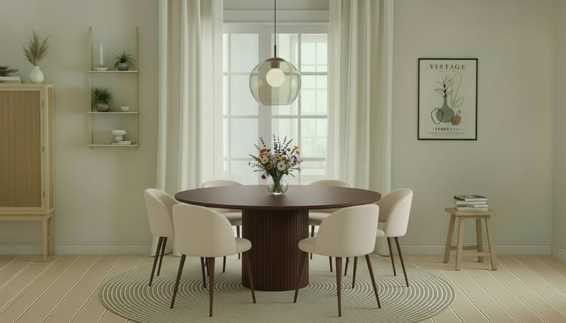 Kopparbo Rundt Spisebord 180 cm med 6 Greya Spisestoler med armlener - Valnøtt / Hvit Bouclé / Metallben Valnøtt - Møbler - Bord - Spisegruppe