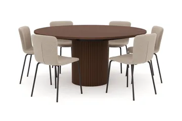 Kopparbo Rundt Spisebord 180 cm med 6 Katy Spisestoler - Valnøtt / Greige Bouclé / Metallben Svart - Møbler - Bord - Spisegruppe