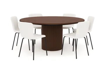 Kopparbo Rundt Spisebord 180 cm med 6 Katy Spisestoler - Valnøtt / Hvit Bouclé / Metallben Svart - Møbler - Bord - Spisegruppe