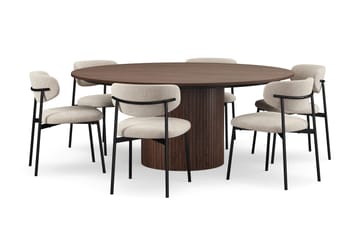 Kopparbo Rundt Spisebord 180 cm med 6 Lucy Spisestoler - Valnøtt / Greige Bouclé / Metallben Svart - Møbler - Bord - Spisegruppe