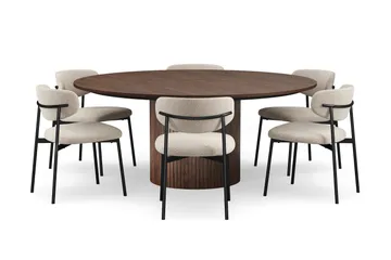 Kopparbo Rundt Spisebord 180 cm med 6 Lucy Spisestoler - Valnøtt / Greige Bouclé / Metallben Svart - Møbler - Bord - Spisegruppe