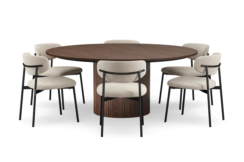 Kopparbo Rundt Spisebord 180 cm med 6 Lucy Spisestoler, Valnøtt / Greige Bouclé / Metallben Svart