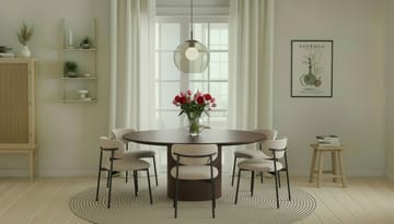 Kopparbo Rundt Spisebord 180 cm med 6 Lucy Spisestoler - Valnøtt / Greige Bouclé / Metallben Svart - Møbler - Bord - Spisegruppe